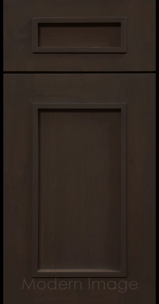Cocoa-stained Gilbert cabinet a recessed flat panel and elevated molding.